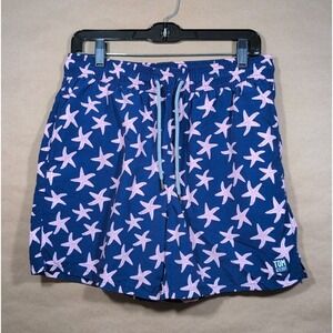 Tom & Teddy Men's Medium‎ Swim Trunks Purple With Pink Starfish Lined, Pockets